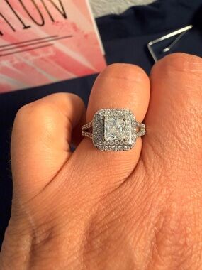 Elegant White Gold-Tone Halo Engagement Ring with Square Center Stone
